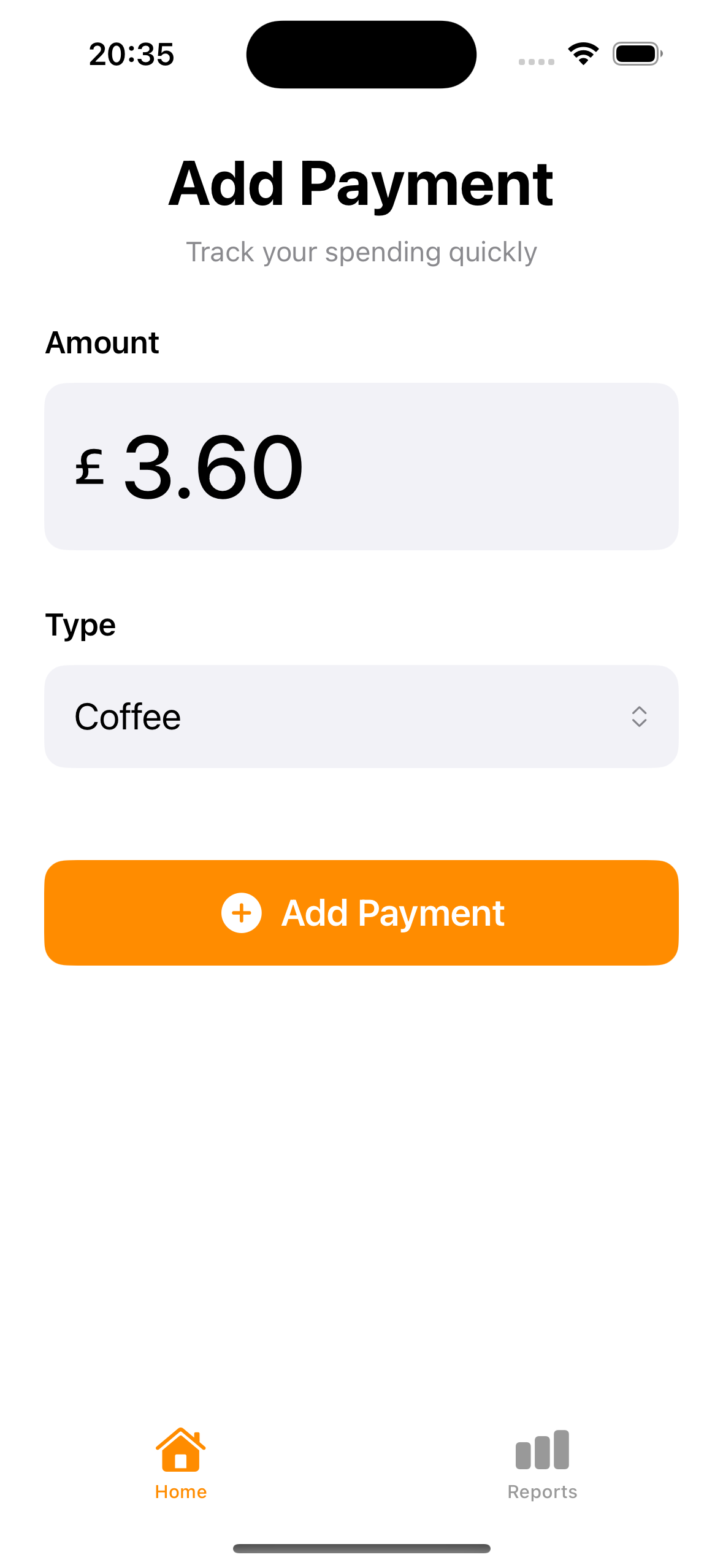 Paid Here home screen showing quick expense entry interface