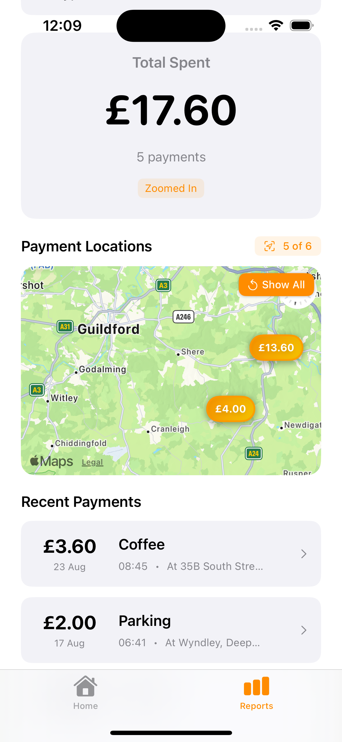 Paid Here map view showing expense locations and clustering